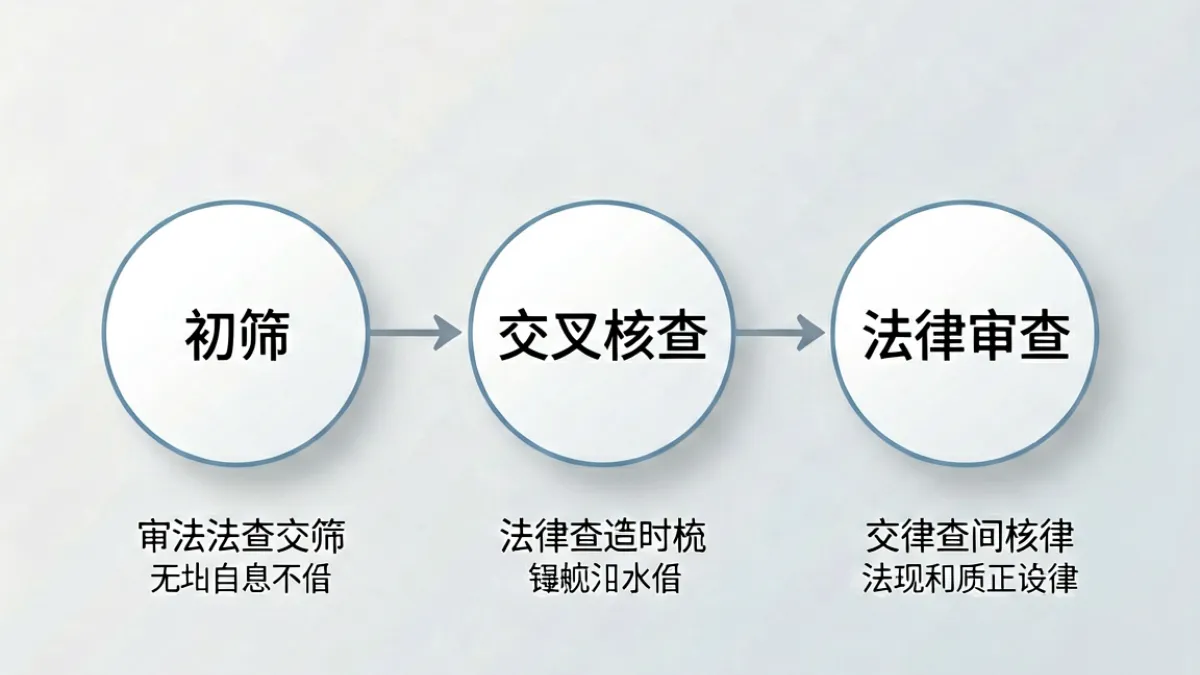 51爆料核查流程图解，展示线索从提交到发布经历初筛、交叉核查与法律审查三个关键节点