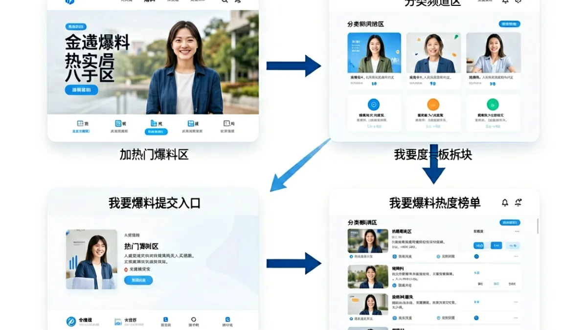 51爆料平台功能板块示意图，展示热门爆料、分类频道和我要爆料三个主要区域的布局